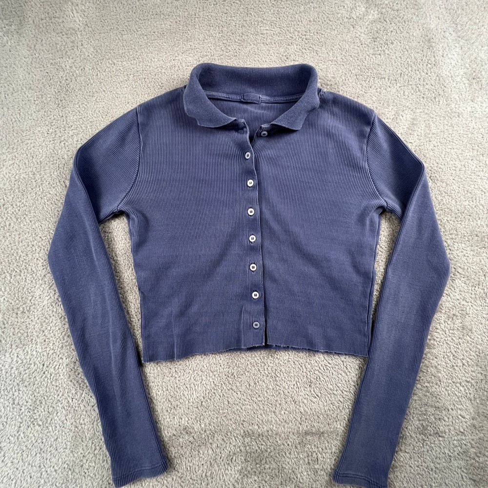 John Galt Button Down Polo Cardigan Womens One‎ Size Blue Ribbed Cropped Preppy